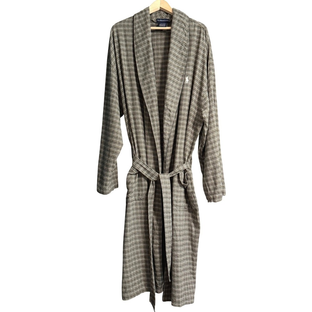Polo Ralph Lauren Mens Robe L/XL Gray Windowpane Plaid Cotton Luxury Flannel